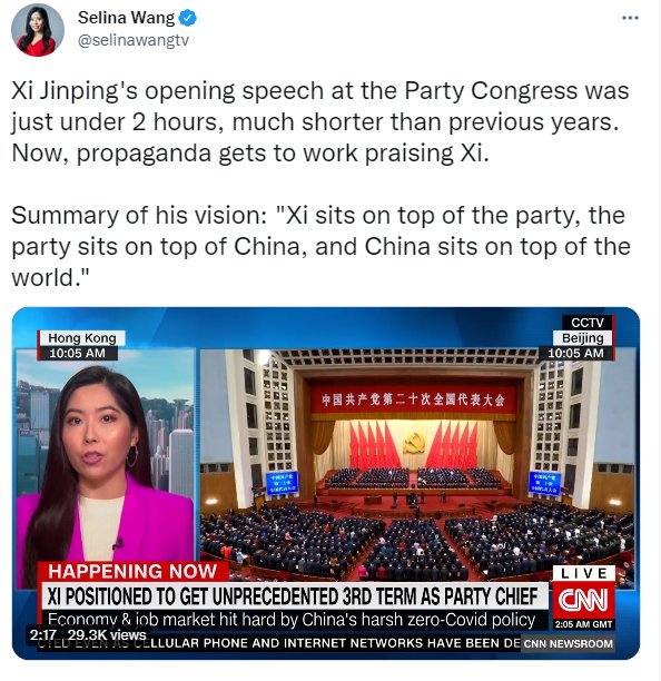 CNN駐亞洲記者王詩琳用「3句話」幫習近平總結演講。(推特)