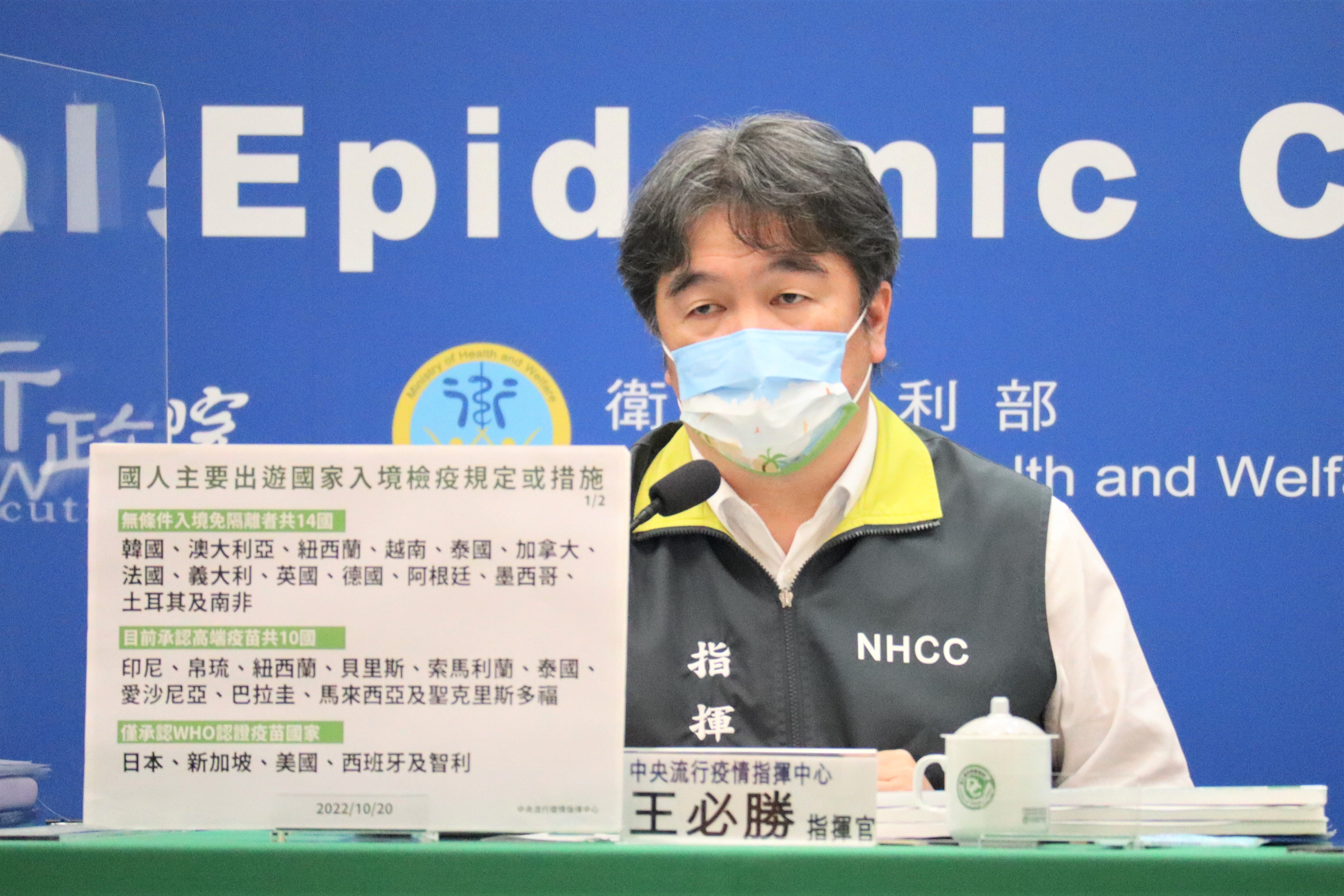 王必勝20日表示，11月單日確診有機會降到2萬例以下。(指揮中心提供)