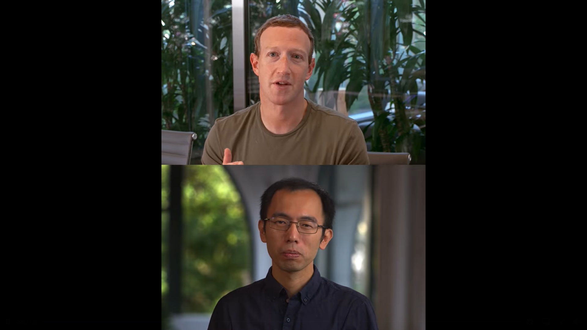 19日登場的這個閩南語翻譯系統的展示影音，Meta創辦人兼執行長祖克柏(上)用英語和說台語的陳鵬仁(下)對話，經由機器人中介翻譯。(圖:翻拍祖克柏臉書)