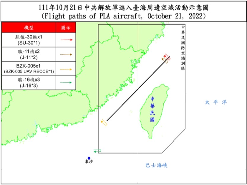 國防部21日晚間指出，截至下午5時止，偵獲共機逾越海峽中線及其延伸線進入西南空域7架次。(圖:國防部)