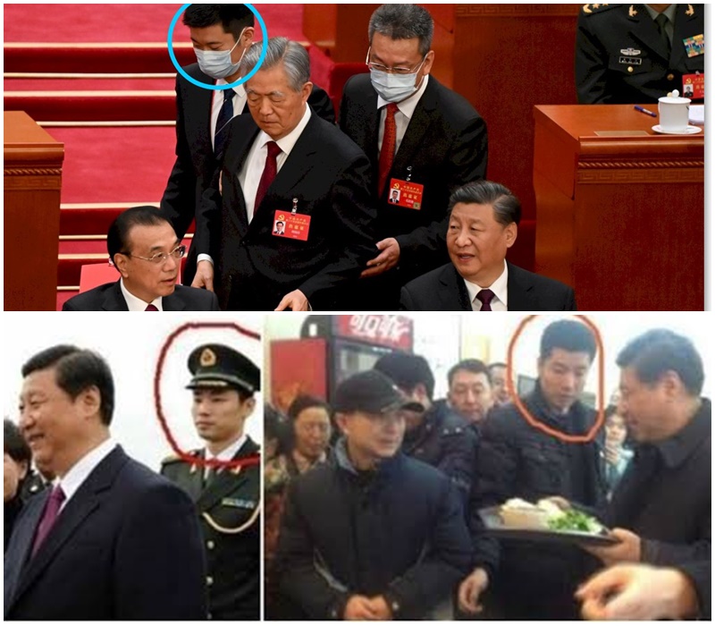 習近平的貼身警衛、中央辦公廳副主任孔紹遜將胡錦濤請出場外。(合成圖)