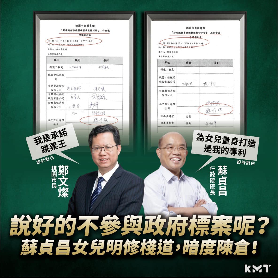 國民黨桃園市議員指控，桃園市圖工程違法轉包給行政院長蘇貞昌女兒、蘇巧純經營的二三設計公司。(圖:國民黨臉書)