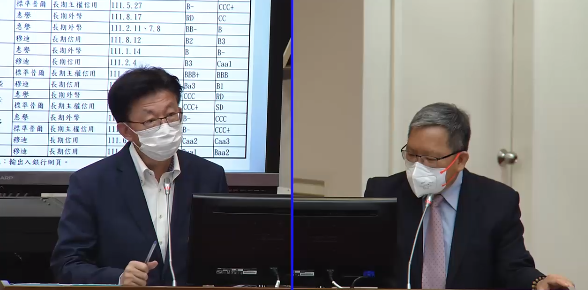 立法委員郭國文（左）詢問財政部長蘇建榮（右）有關公股銀行中國曝險狀況。（翻攝立院會議頻道）