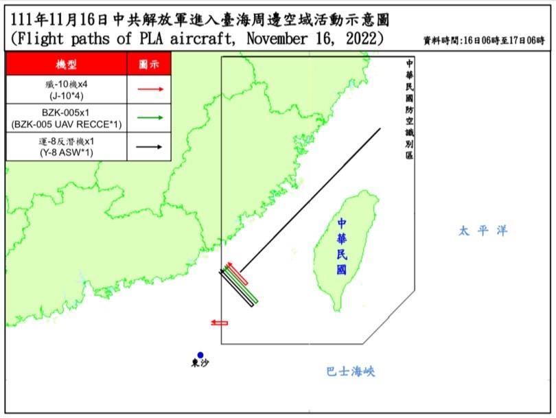 國防部表示，16日共機14架次擾台。 (圖:國防部)