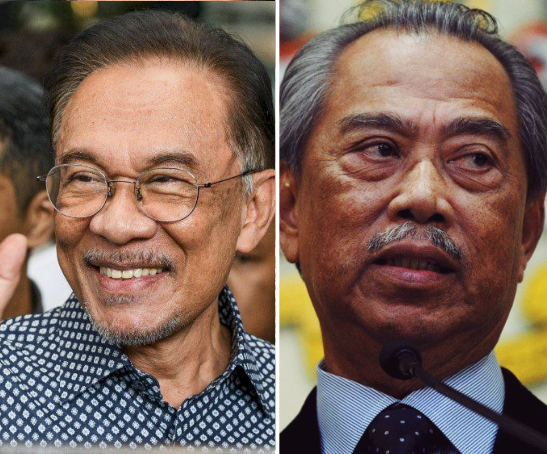 馬來西亞大選，反對黨領袖安華(Anwar Ibrahim)(左)導的聯盟，與前首相慕尤丁(Muhyiddin Yassin)(右)領導的競爭對手聯盟呈現膠著。(圖:AFP/央廣合成)
