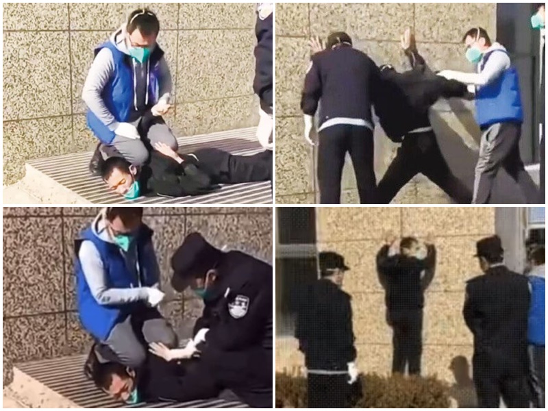 寧夏一名男子違反防疫規定外出，遭多名警察當成「重犯」反手跪壓倒地。合成圖。(微博)