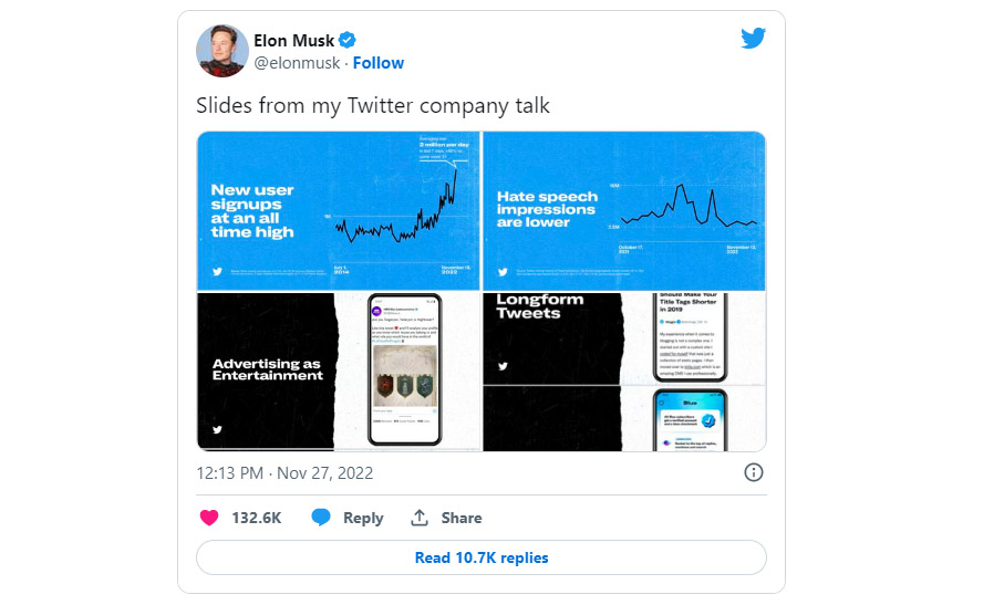 推特(Twitter)公司首席執行長馬斯克(Elon Musk)26日發布推文稱，推特的新用戶註冊量處於「歷史最高水平」。(翻攝自Elon Musk推特)