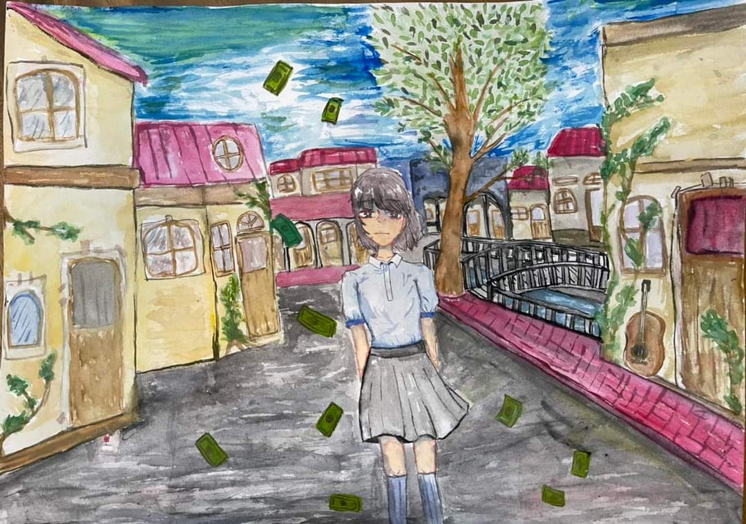 新北市沙崙國小學生曹雪兒畫出夢想中的居住環境。(新北市育林國小提供)