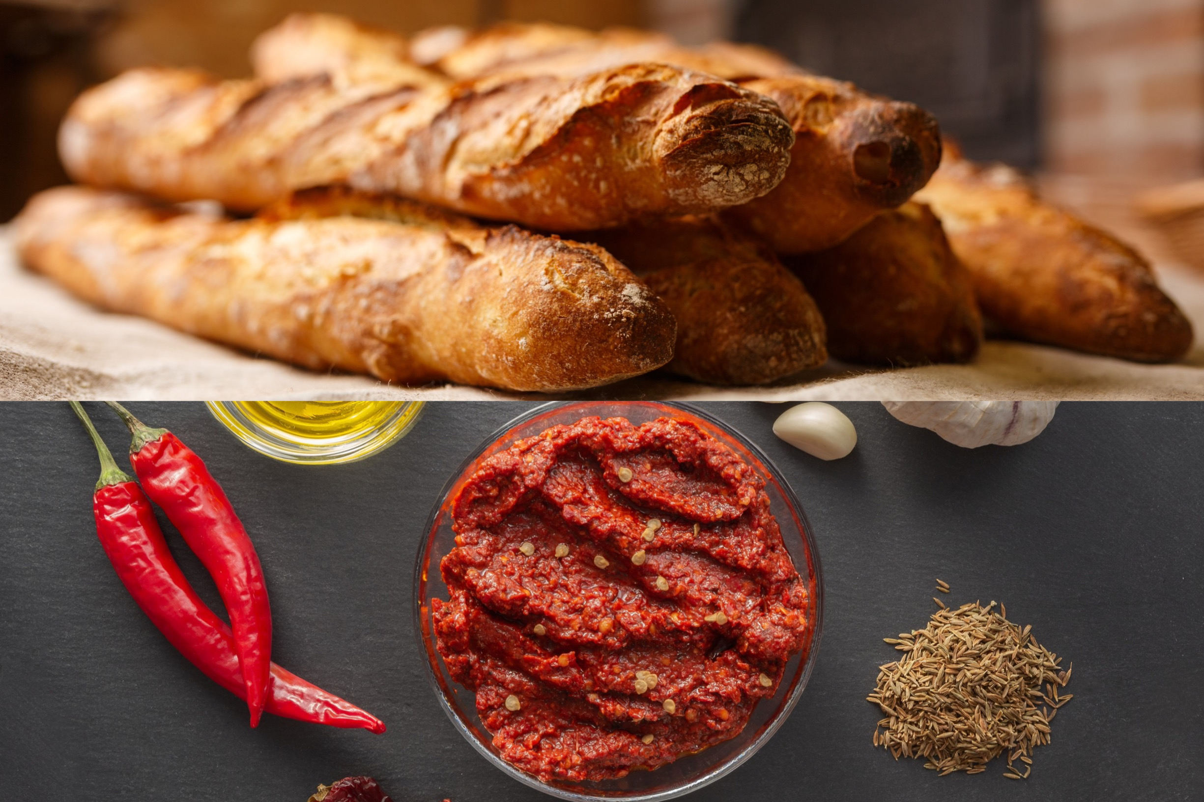 法國長棍麵包(baguette) (上圖)，突尼西亞的哈里薩(Harissa)辣醬(下圖)。(合成圖/Pixabay)