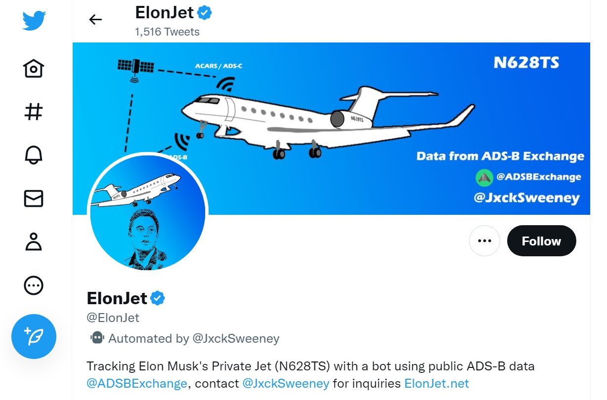美國男大生追蹤馬斯克飛機，推特帳號遭停權。 (圖:@ElonJet)