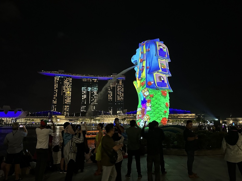 新加坡濱海灣跨年倒數活動之一包括26日至31日登場的投影秀，魚尾獅外觀變身畫布，展示學生創作的藝術作品，訴說民眾行善小故事，十分吸睛。圖攝於26日。 (圖：中央社)