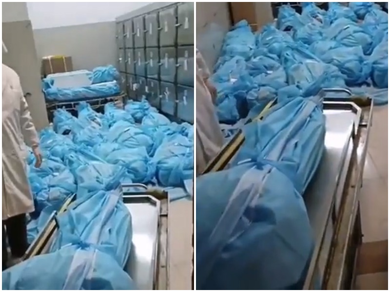 網傳北京某醫院太平間內，冰櫃不敷使用，許多包裹好的遺體堆放在外。(微博)