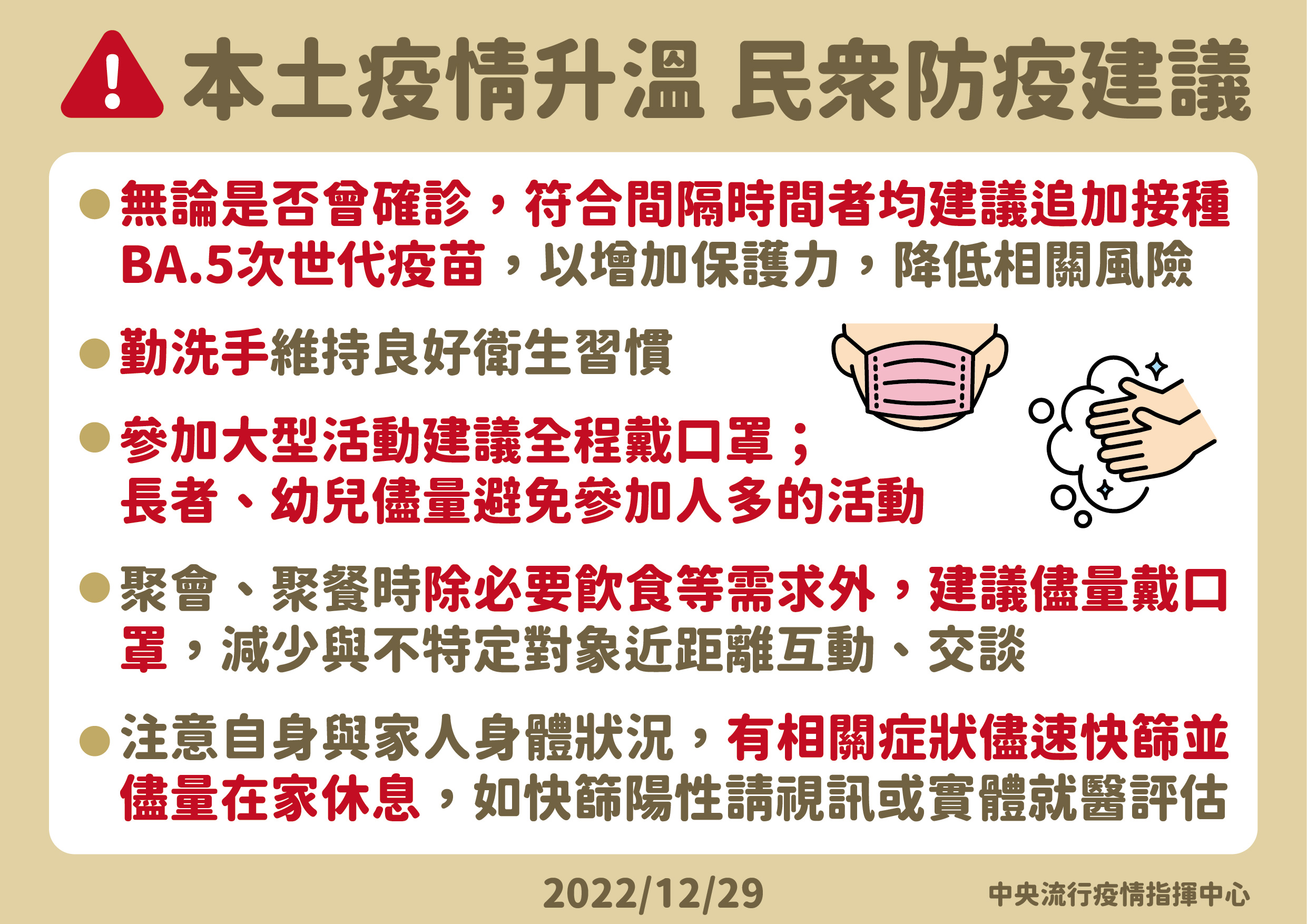 本土疫情升溫，指揮中心提出防疫建議。(指揮中心提供)