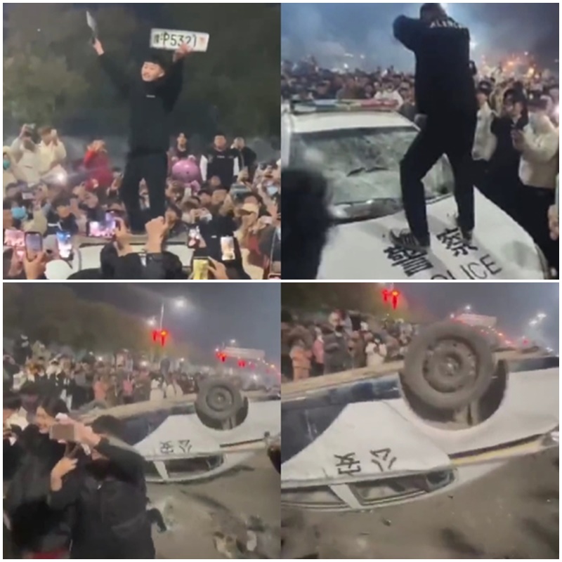 河南鹿邑民眾包圍並跳上警車踩踏，還把警車掀翻。(推特)