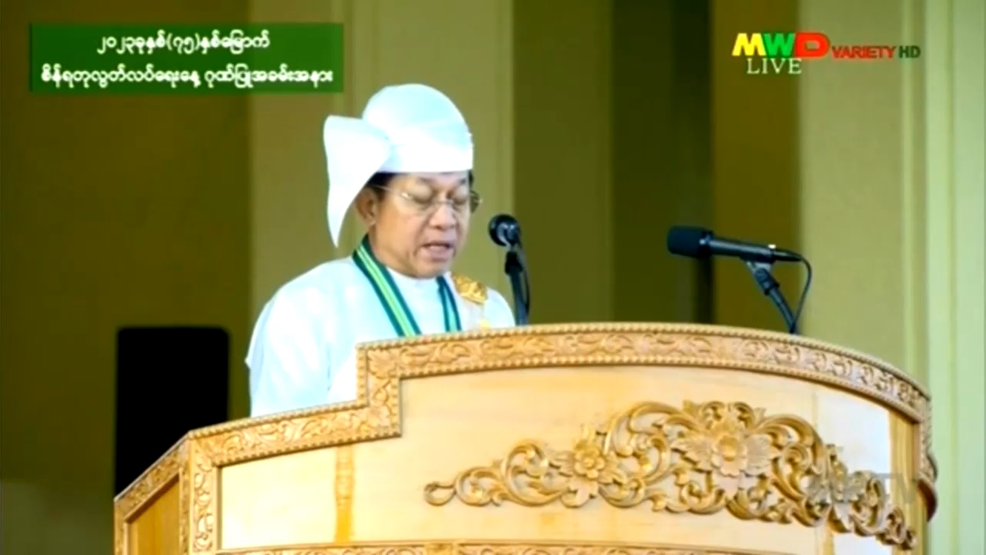 緬甸軍政府領導人敏昂萊4日在首都奈比多舉行的75週年獨立紀念日致詞。 (圖:翻拍自MWDTV)