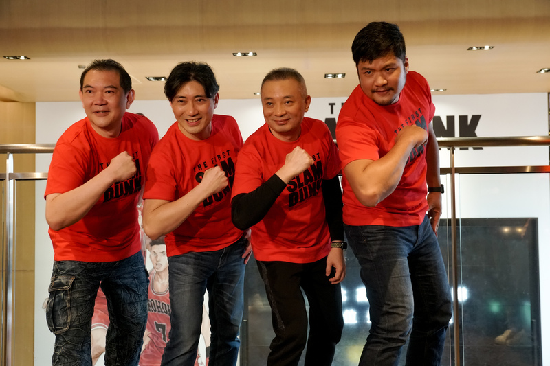 「灌籃高手」電影版找來台灣配音員林谷珍（左起）、于正昇、于正昌、張騰為經典角色「赤木剛憲」、「櫻木花道」、「宮城良田」、「流川楓」擔綱中文配音。(圖：中央社)