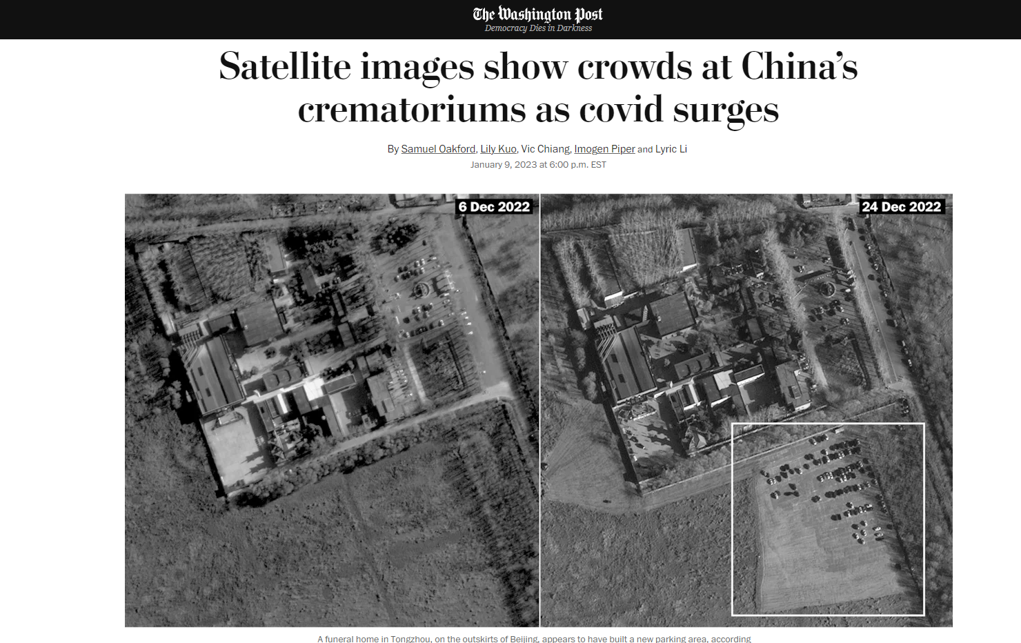 華盛頓郵報10日公布取得的中國各地衛星圖、網路流傳畫面與目擊者陳述顯示，大批居民湧現火葬場，排隊等候親人被火化。(翻攝washingtonpost.com)