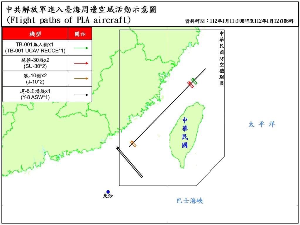 國防部統計11日上午6時起至12日上午6時止，台海周邊共偵獲共機15架次、共艦4艘次，其中具作戰功能、被認為有較大威脅性的TB-001無人機，1架次逾越海峽中線。(國防部提供)