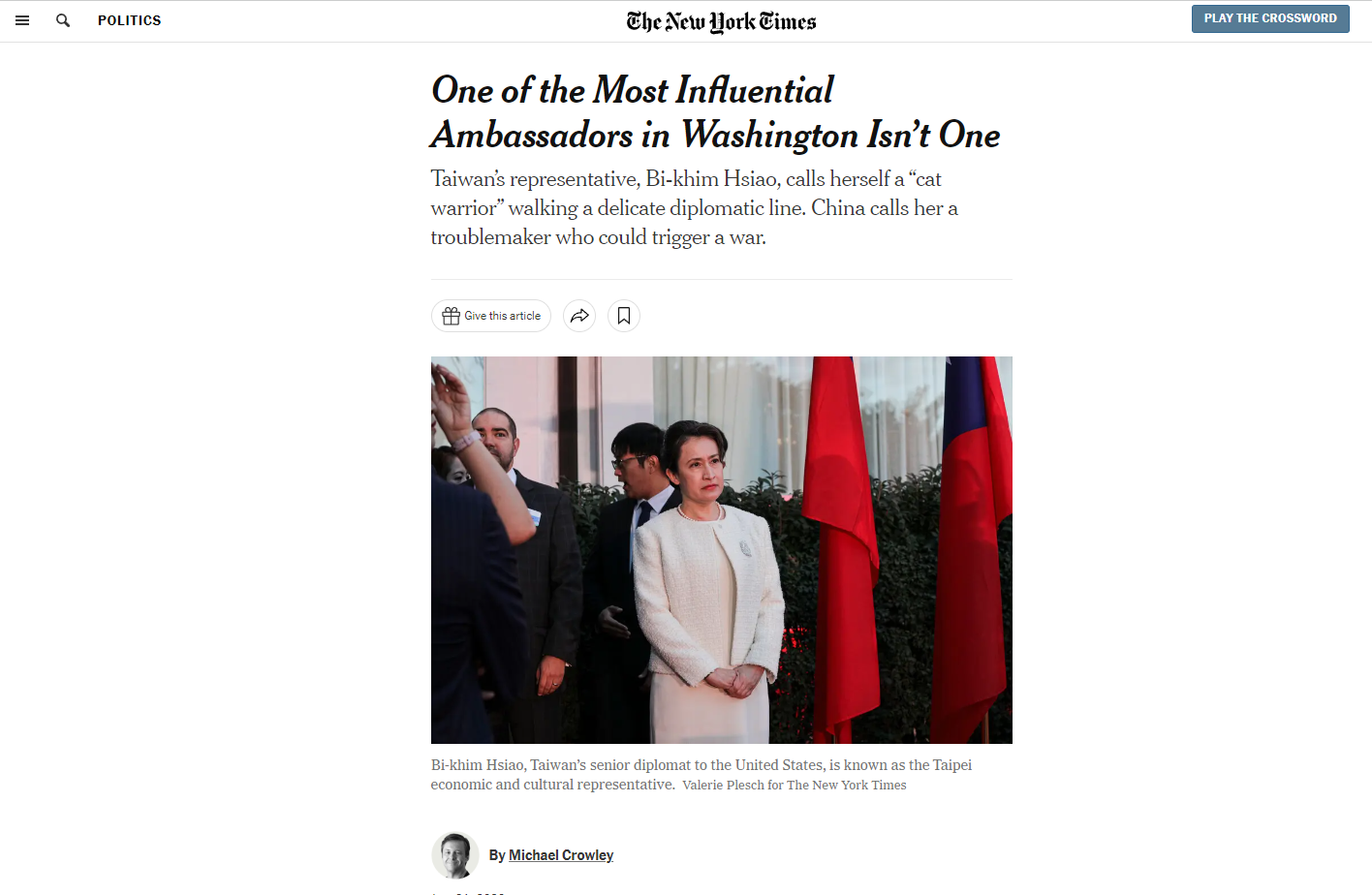紐約時報盛讚台灣駐美代表蕭美琴是華府最有影響力大使之一。(翻攝紐時官網)