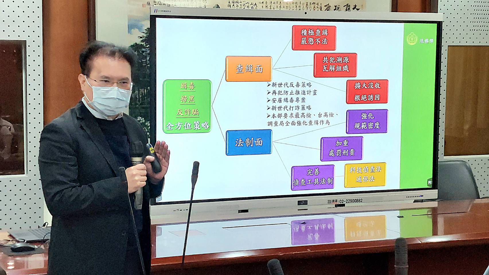 法務部檢察司司長黃謀信說明法務部全面修法打擊詐騙，擴大處罰範圍與刑責，並增訂人頭帳戶罪。(歐陽夢萍 攝)