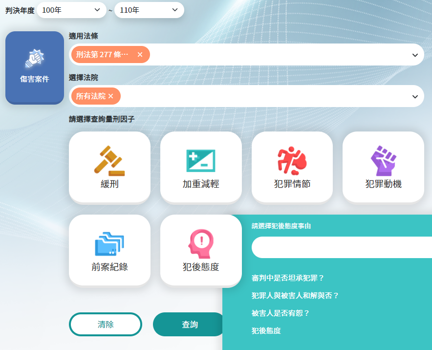 司法院6日啟用AI量刑資訊系統，並分為事實型模式(如圖)及評價型模式，供職業法官及國民法官量刑時查詢參考。(司法院提供)