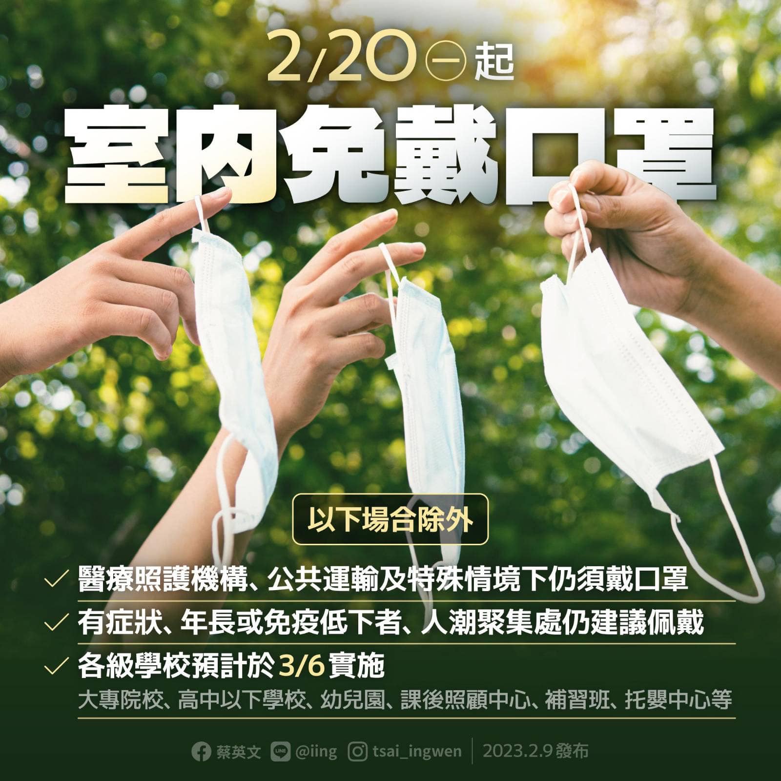 蔡總統9日晚間透過臉書表示，放寬室內戴口罩規定，預計2月20日起上路。(圖:蔡英文臉書)