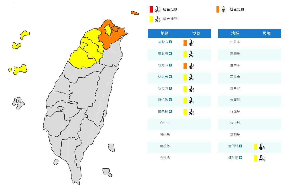 中央氣象局13日下午發布9縣市低溫特報，提醒中部以北及金馬易有攝氏10度以下低溫。(圖:中央氣象局)