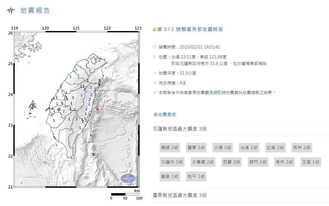 21日晚間7時1分發生芮氏規模4.8地震，地震深度31.3公里，震央位於花蓮縣政府南方53.6公里(位於台灣東部海域)。(圖:中央氣象局)