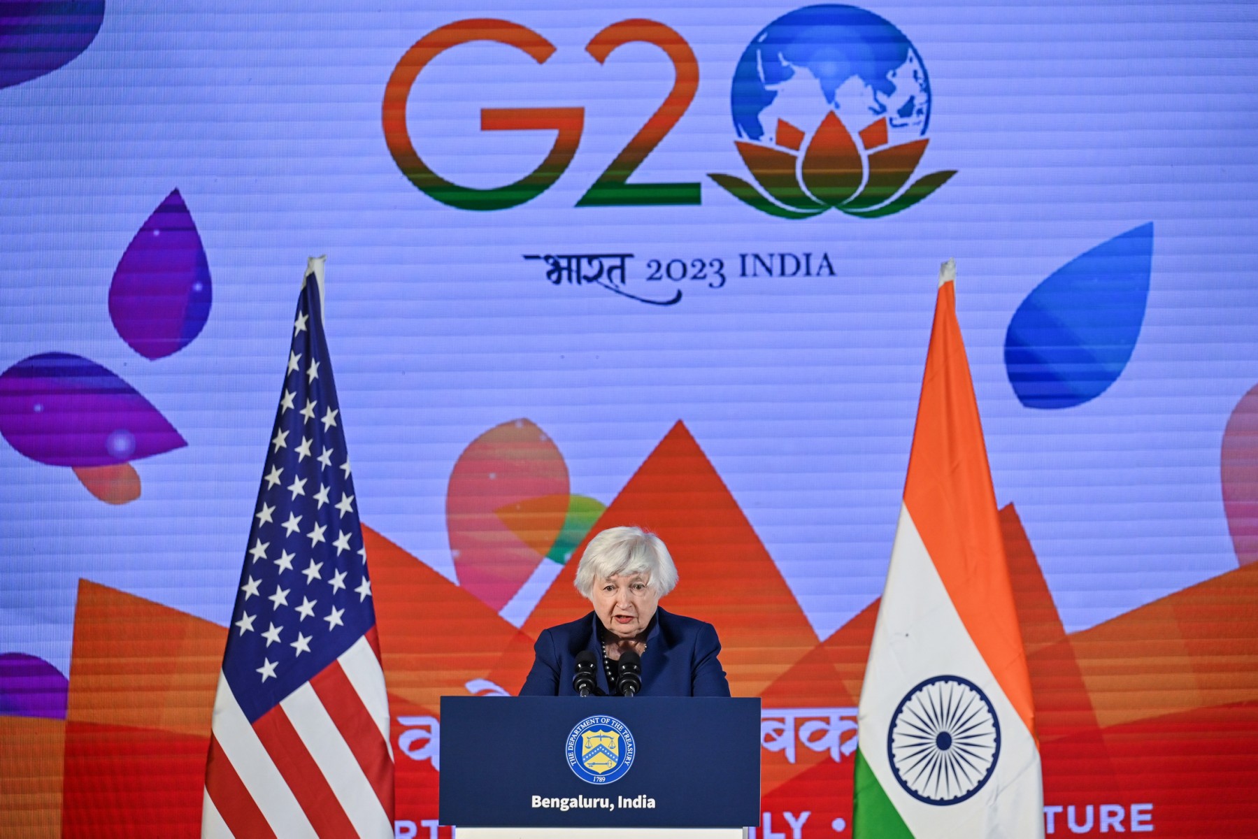 美國財政部長葉倫(Janet Yellen)24日出席在印度班加羅爾(Bengaluru)召開的20國集團(G20)財政部長會議。(AFP)