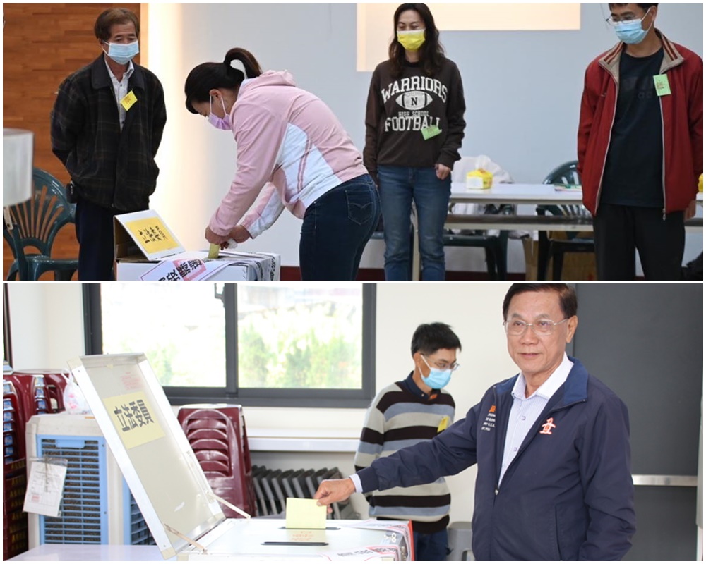 南投縣立委補選4日投票，民進黨候選人蔡培慧(上圖)和國民黨的林明溱(下圖)一早都到投票所投下神聖一票。(合成圖／蔡培慧臉書 、中央社 )