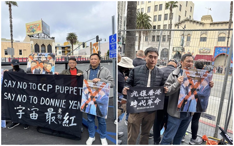 民運人士王丹前往奧斯卡頒獎典禮場外抗議甄子丹登台。(臉書)