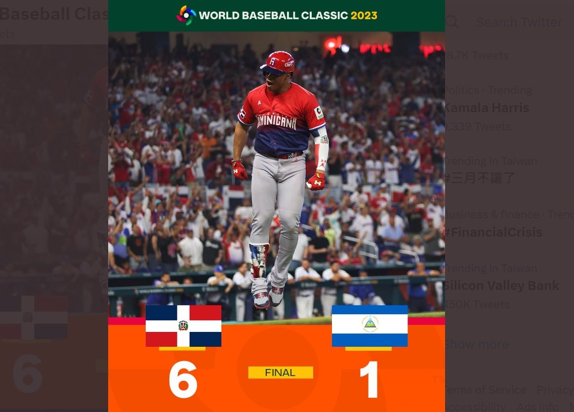經典賽多明尼加打線扛兩轟，6比1輕取尼加拉瓜。 (圖:推特@WBCBaseball)