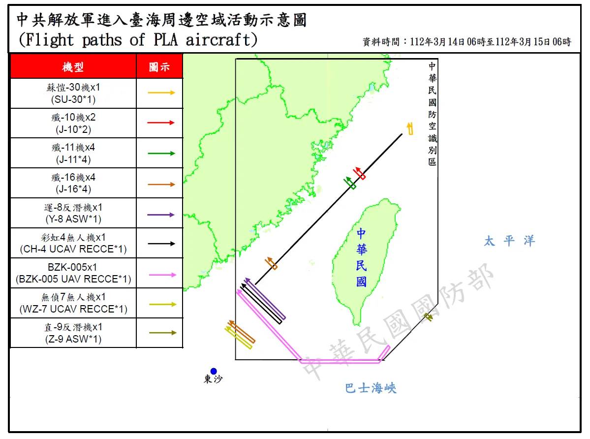 國防部公布至15日上午6時中共戰機與船艦擾台情況。(國防部提供)
