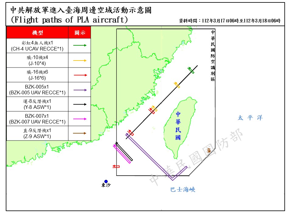國防部指出，統計自昨天上午6時起至今天上午6時止，偵獲共機26架次，其中逾越海峽中線及其延伸線進入西南及東南空域15架次。(國防部提供)