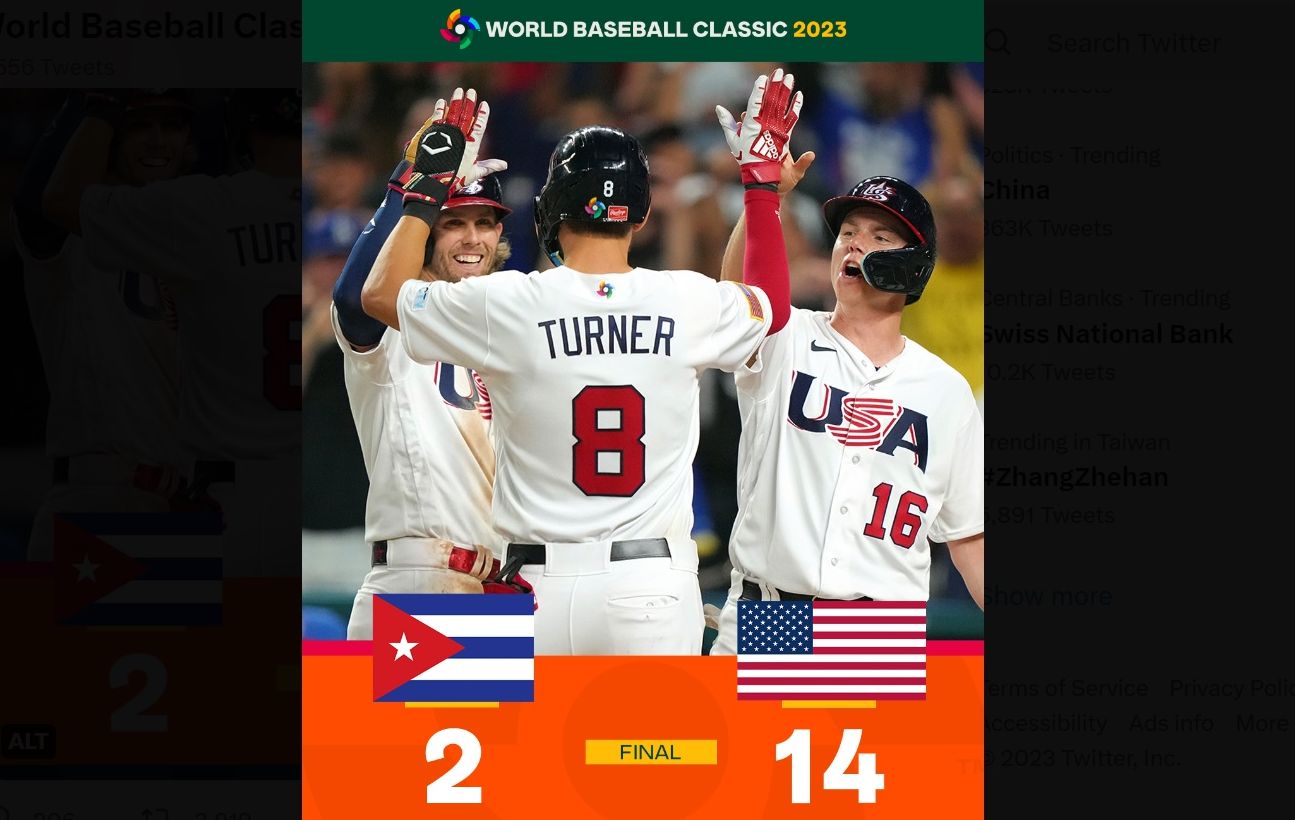 世界棒球經典賽，美國痛擊古巴挺進冠軍戰。 (圖:推特@WBCBaseball)