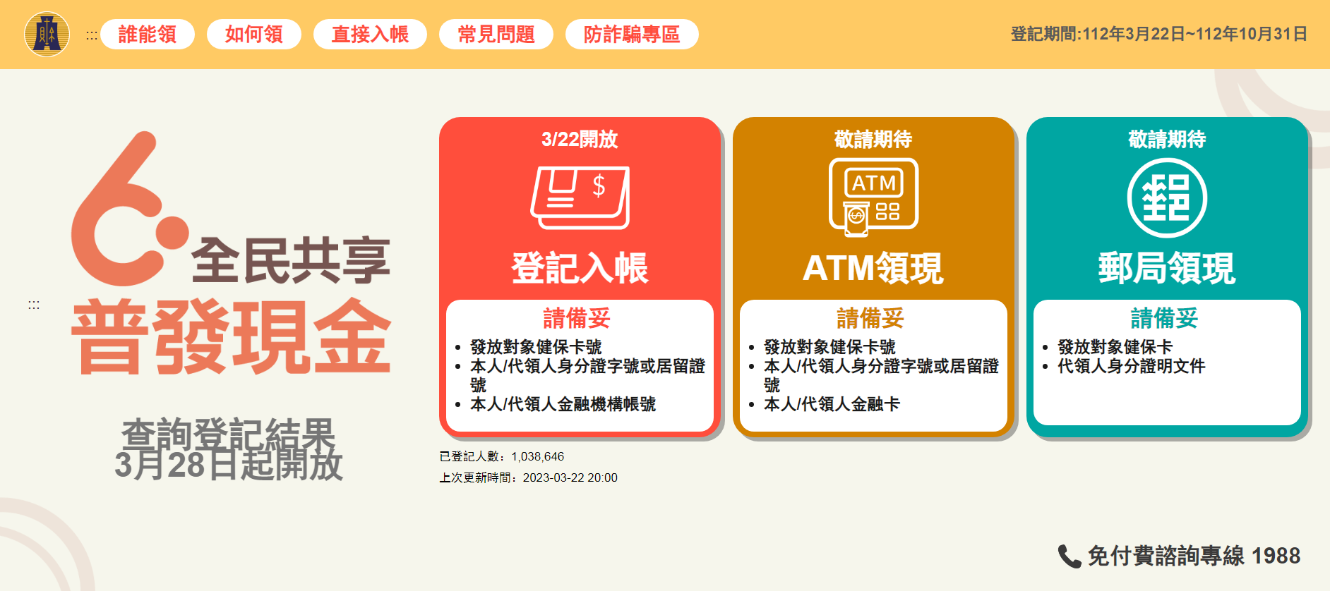 全民普發新台幣6000元，22日起選擇「登記入帳」的民眾已開始分流登記。(擷取自6000.gov.tw)