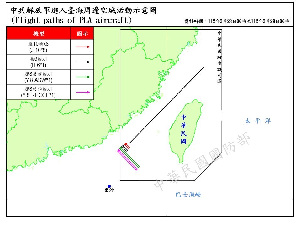 國防部公布自28日上午6時起至29日上午6時共軍在台海周邊活動情況。(國防部提供)