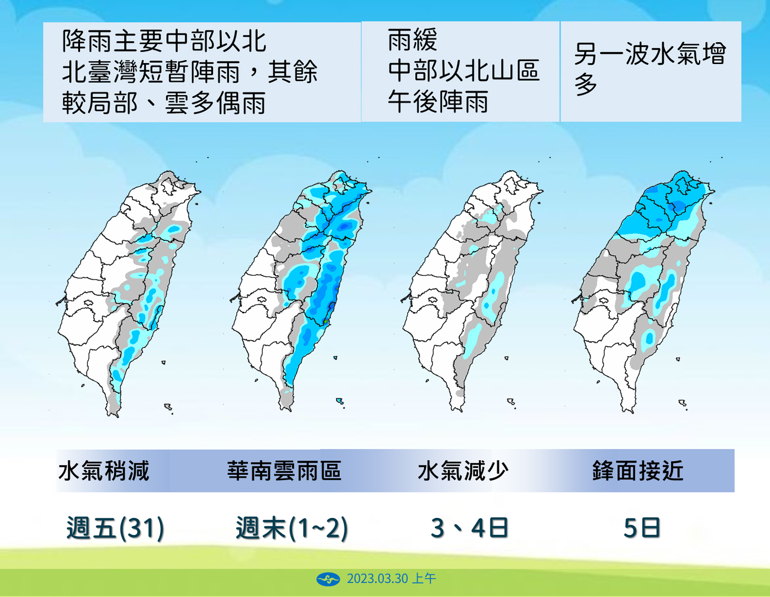 氣象局預估鋒面迅速通過後，31日起，水氣就會稍微減少，直到清明連假首日才會再度迎來東移的華南雲雨帶。(氣象局提供)
