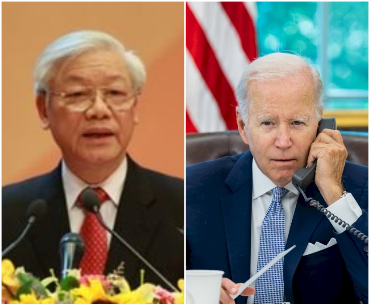 越共總書記阮富仲(Nguyen Phu Trong)(左)29日與美國總統拜登(Joe Biden)(右)通電話。(央廣合成)