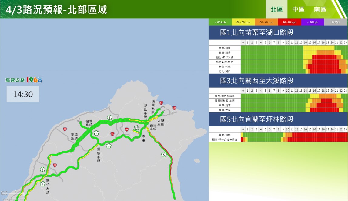 國道北區路況預報。(高公局提供)