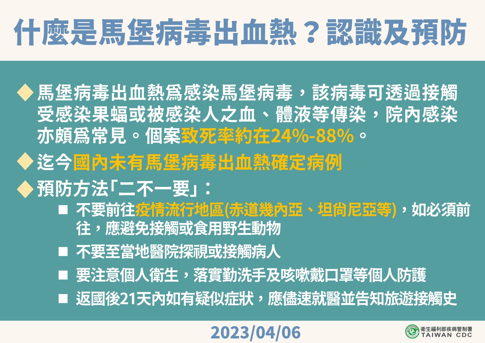 馬堡病毒傳染途徑及預防。(疾管署提供)