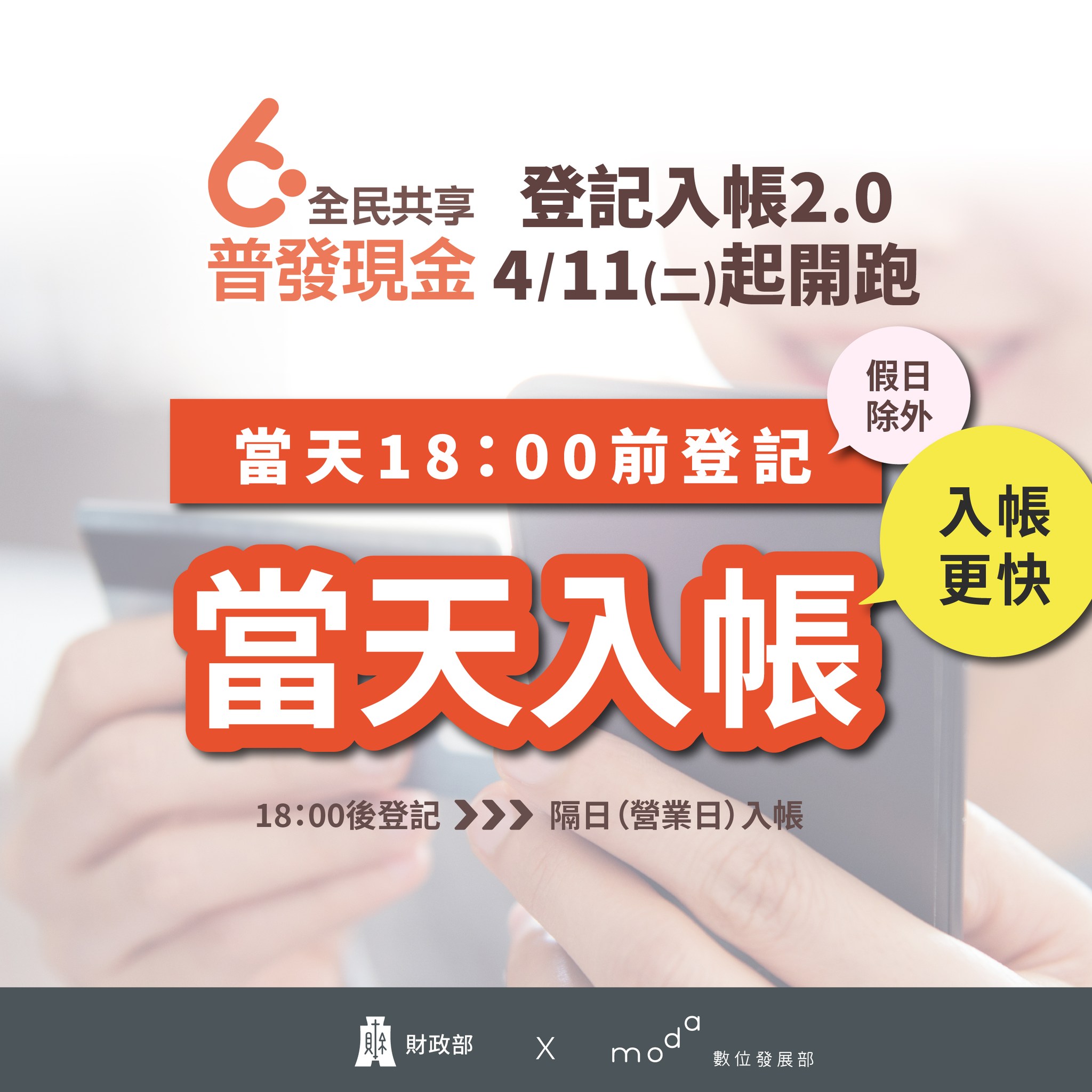 普發6000元登記入帳新措施， 傍晚6時前登記當天入帳。(數位部臉書)