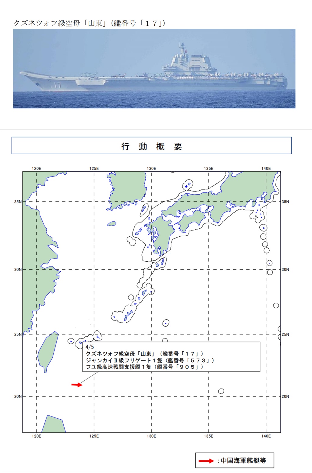 日本防衛省通報首次發現山東航母艦隊進入西太平洋。（日本統合幕僚監部）
