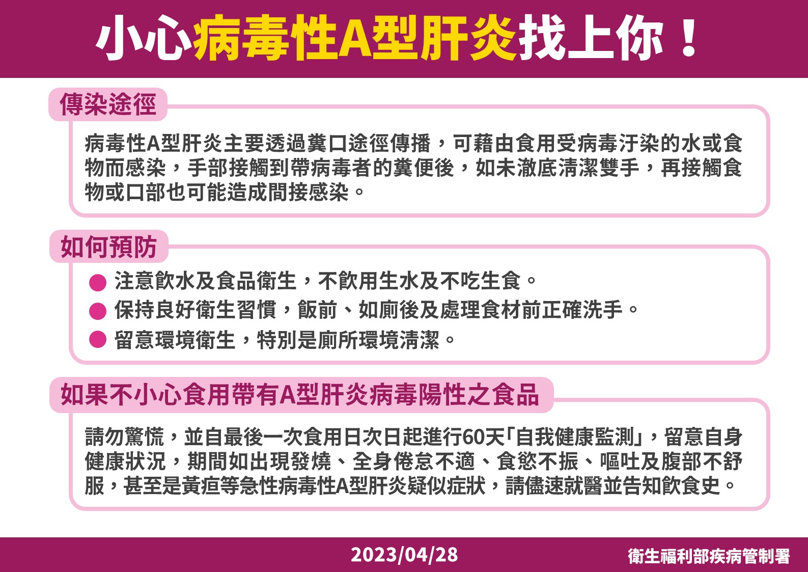 疾管署28日呼籲若已食用該批冷凍莓，請自最後一次食用日次日起進行60天「自我健康監測」，有症狀盡速就醫。(圖：疾管署)