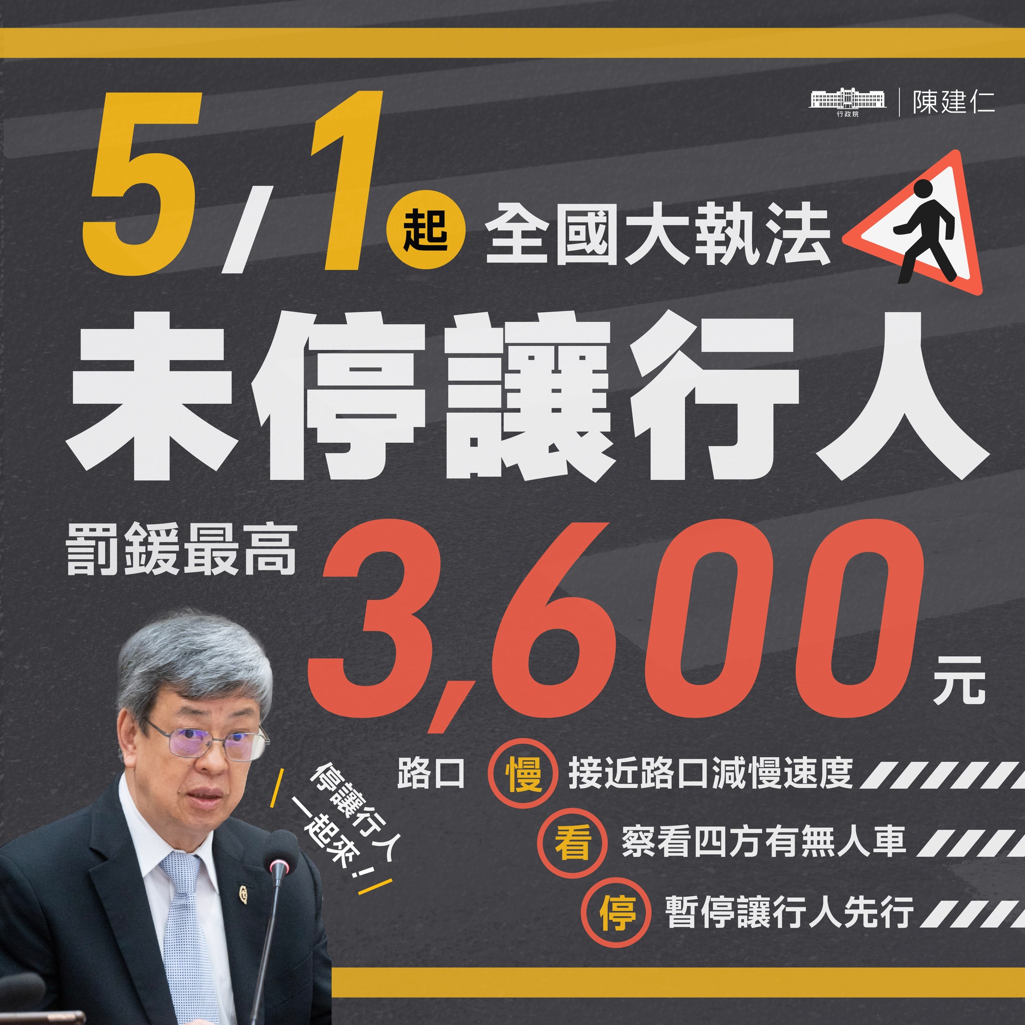 行政院長陳建仁發文表示，要讓路口「慢、看、停」落實在台灣。(圖：陳建仁臉書)