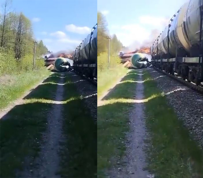 社群媒體上的影片顯示，這列翻覆在鐵軌旁草地上的列車，火車頭和數節車廂著火。(擷自Twitter@KrzysztofJano15)