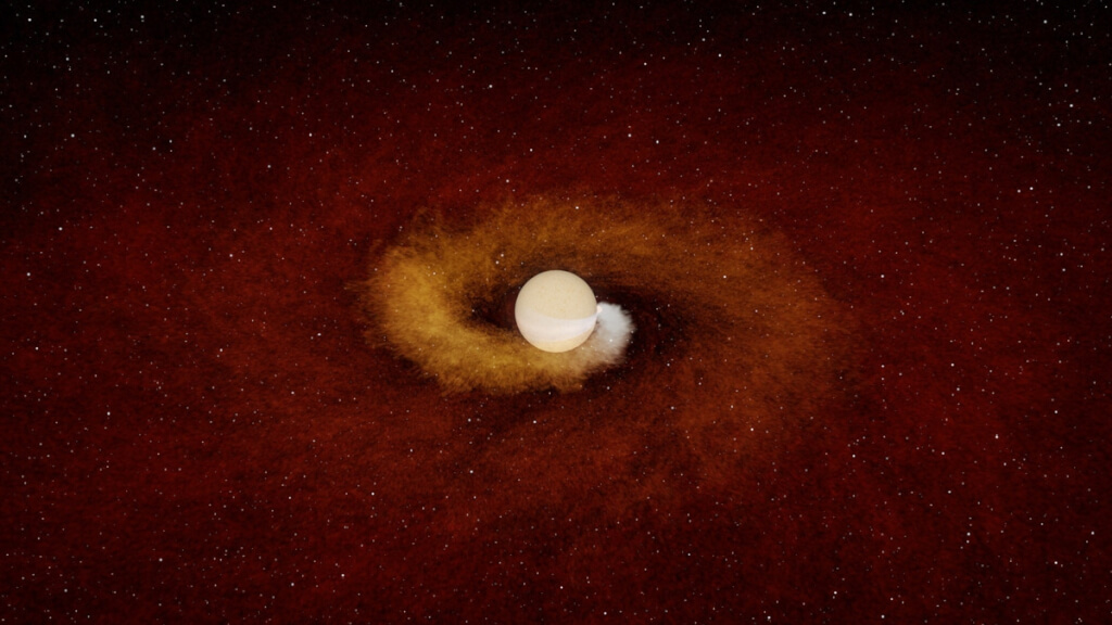 科學家首次觀察到垂死恆星如何吞噬一顆行星。圖為行星「掉入」膨脹恆星過程的模擬動畫圖。（圖：caltech.edu）