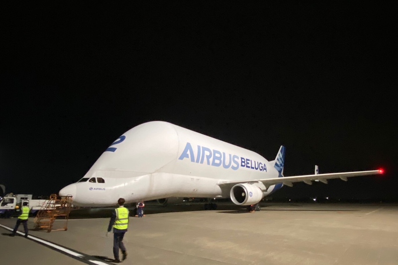 全球僅5架的「空巴大白鯨」9日深夜現身桃園機場，根據航空迷表示，這架「空巴大白鯨」的目的地是日本，機身上的BELUGA是法文白鯨的意思，為空中巴士集團利用A300-600機型做修改，一般人很少見到。（桃園機場公司提供） (圖：中央社)