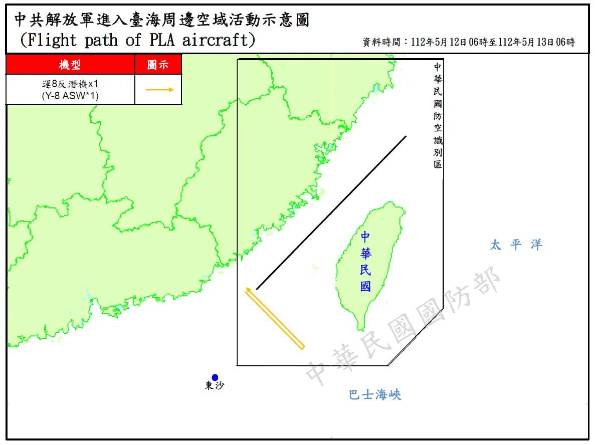 根據空軍公布台海周邊空域活動示意圖，1架次運8反潛機侵擾西南防空識別區(ADIZ)。(圖：國防部)