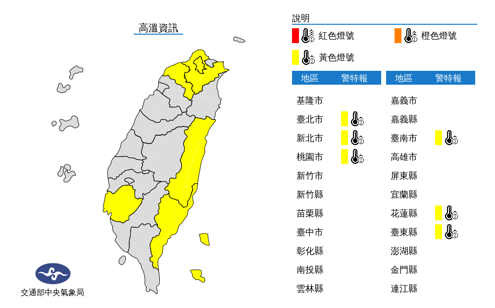 氣象局17日發布高溫資訊，18日中午前後黃色燈號地區，預估高溫達36度以上。(圖:中央氣象局)